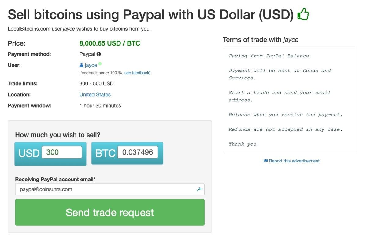 Chuyển Bitcoin sang Paypal sử dụng Paxful