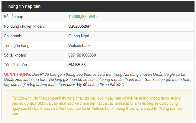 Lưu ý khi nạp tiền VNĐ