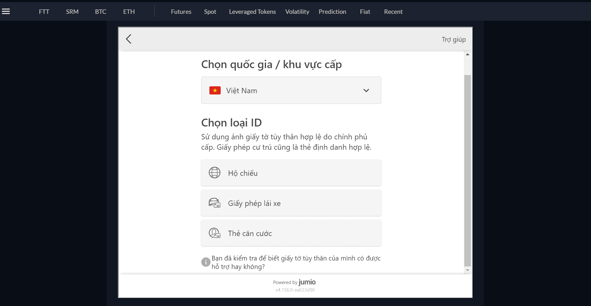 Chọn quốc gia/khu vực và loại CMND cấp.