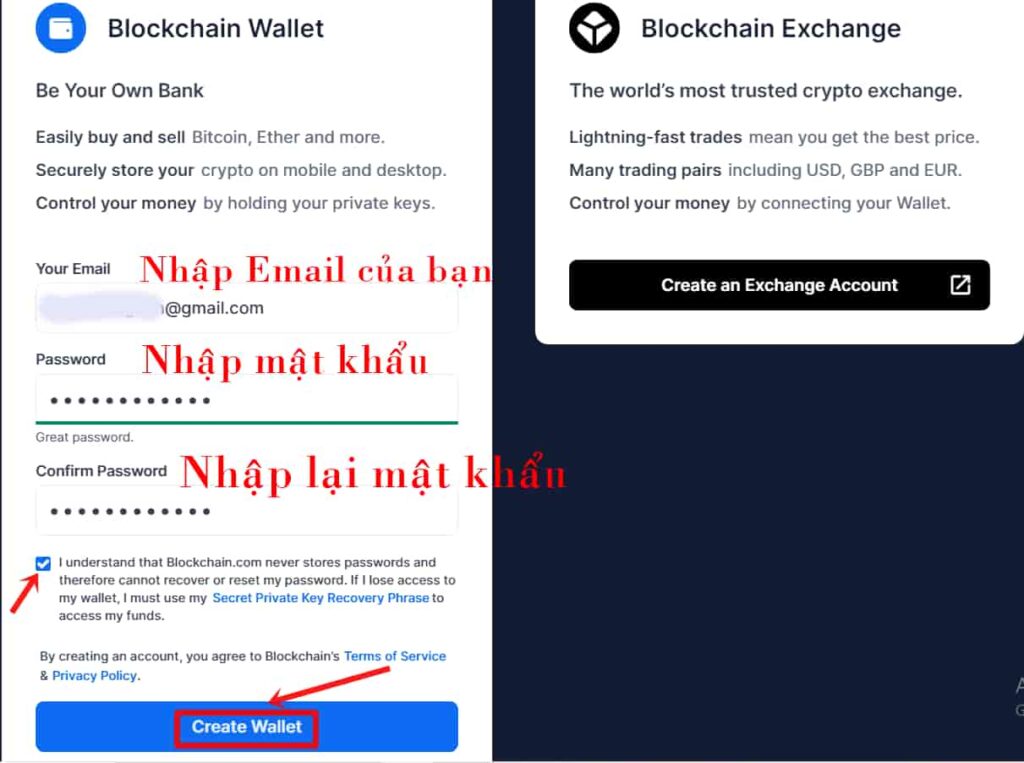 Showcase hướng dẫn từng bước tạo ví Bitcoin trên Blockchain .com