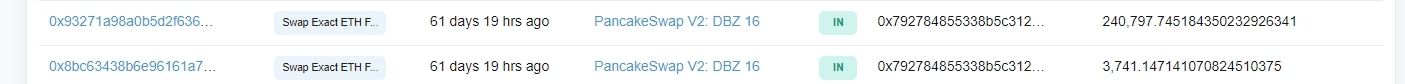 Có 2 giao dịch mua 245.000 đồng DBZ coin ở trên sàn Pancakeswap được Khoa Pug thực hiện, với tổng số tiền vào thời điểm đó là 4.100 USD