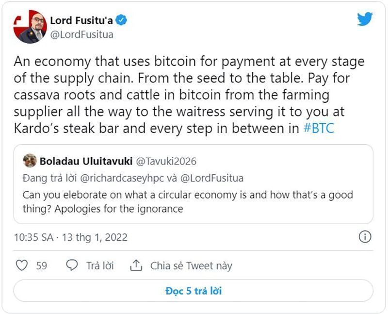 Cựu nghị sĩ Tonga cho biết Tonga sẽ sao chép dự luật El Salvador khiến Bitcoin trở thành đồng tiền hợp pháp Lord Fusitu'a chia sẻ