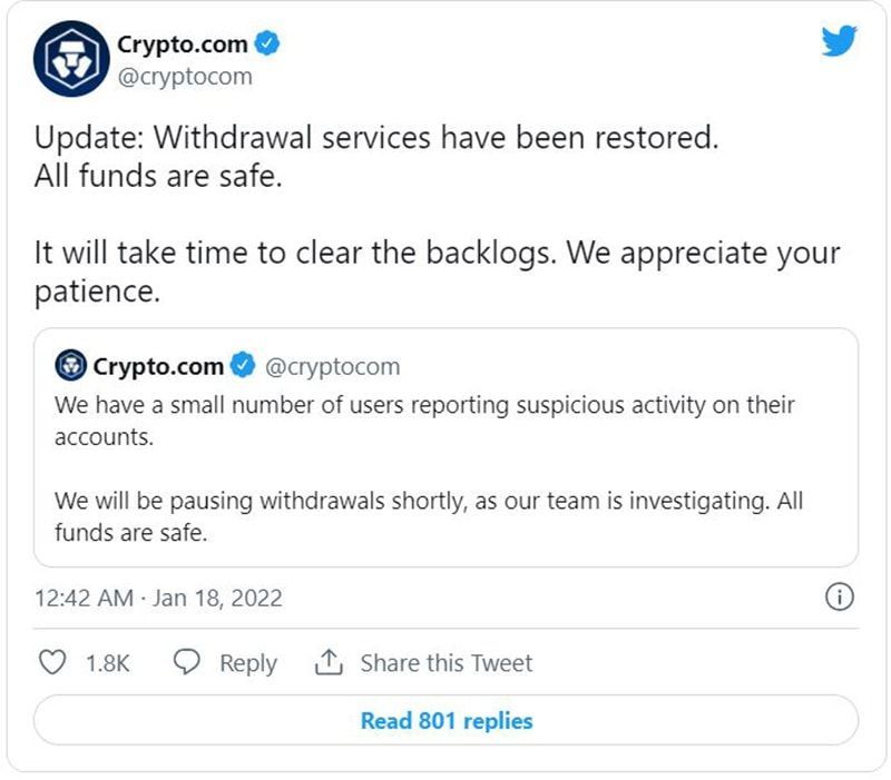 Người dùng Crypto.com báo cáo đã mất 15 triệu USD hoặc ít nhất là 4.600 ETH