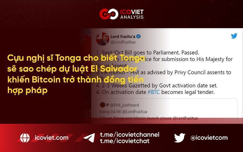 Cựu nghị sĩ Tonga cho biết Tonga sẽ sao chép dự luật El Salvador khiến Bitcoin trở thành đồng tiền hợp pháp
