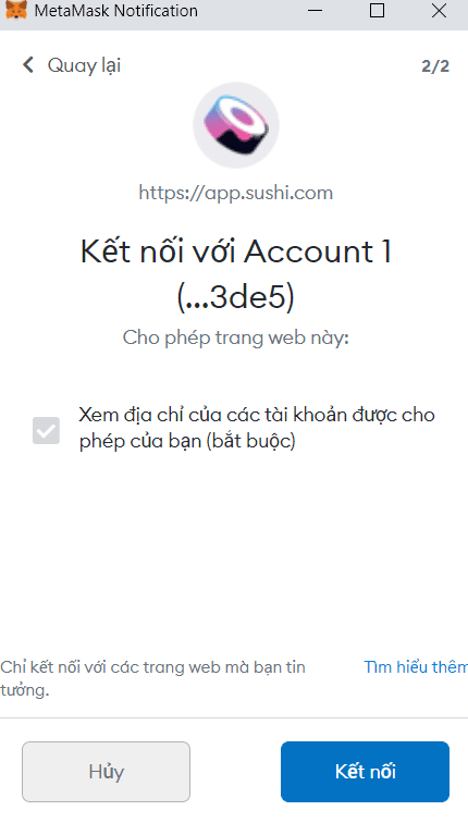 xac nhan ket noi vi metamask voi sushiswap