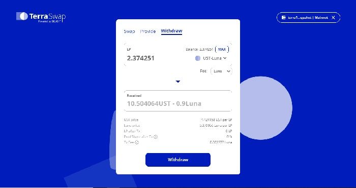 TerraSwap và Terra Station là gì? Hướng dẫn sử dụng Terra Station Extension rút thanh khoản terraswap 3