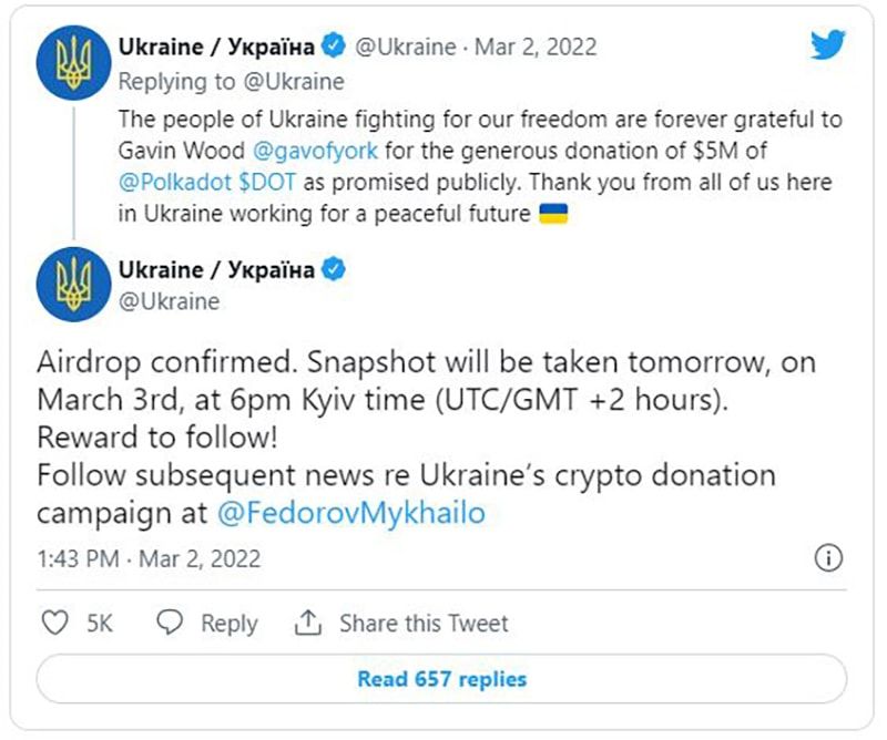 Chính phủ của Ukraine thông báo sẽ Airdrop cho những người đóng góp và ủng hộ trong thời gian qua