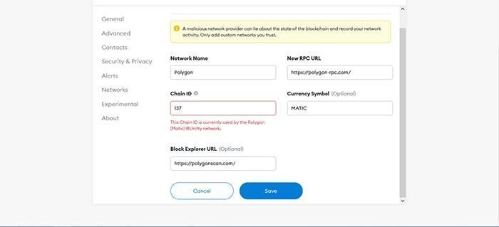 add polygon network vao metamask 4