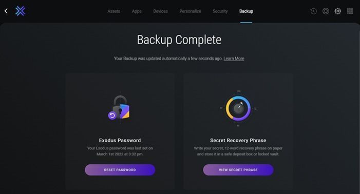 exodus wallet backup complete