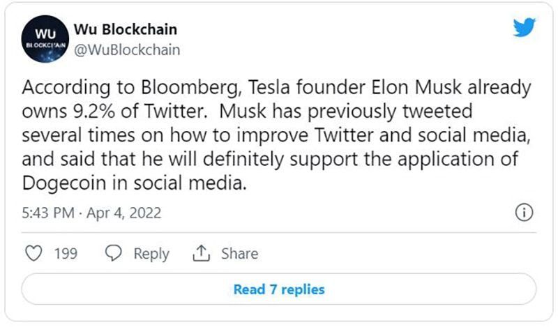 Elon Musk sẽ hỗ trợ tích hợp DOGE vào mạng xã hội khi ông nắm giữ 9,2% cổ phần Twitter