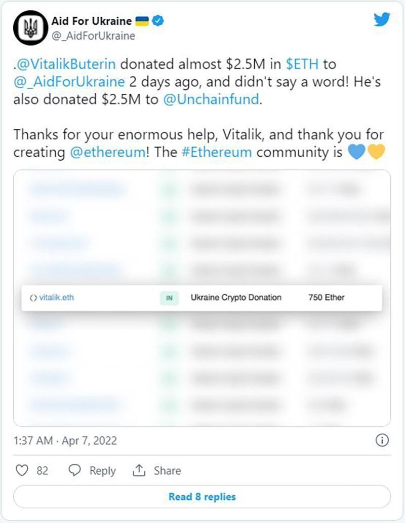 Ethereum Vitalik Buterin quyên góp 750 ETH để hỗ trợ Ukraine