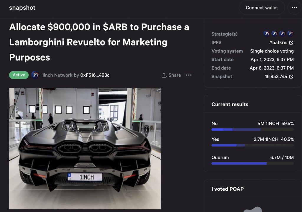 1inch Trolls Arbitrum Foundation với Đề xuất mua Lamborghini trị giá 900.000 đô la bằng cách sử dụng mã thông báo ARB